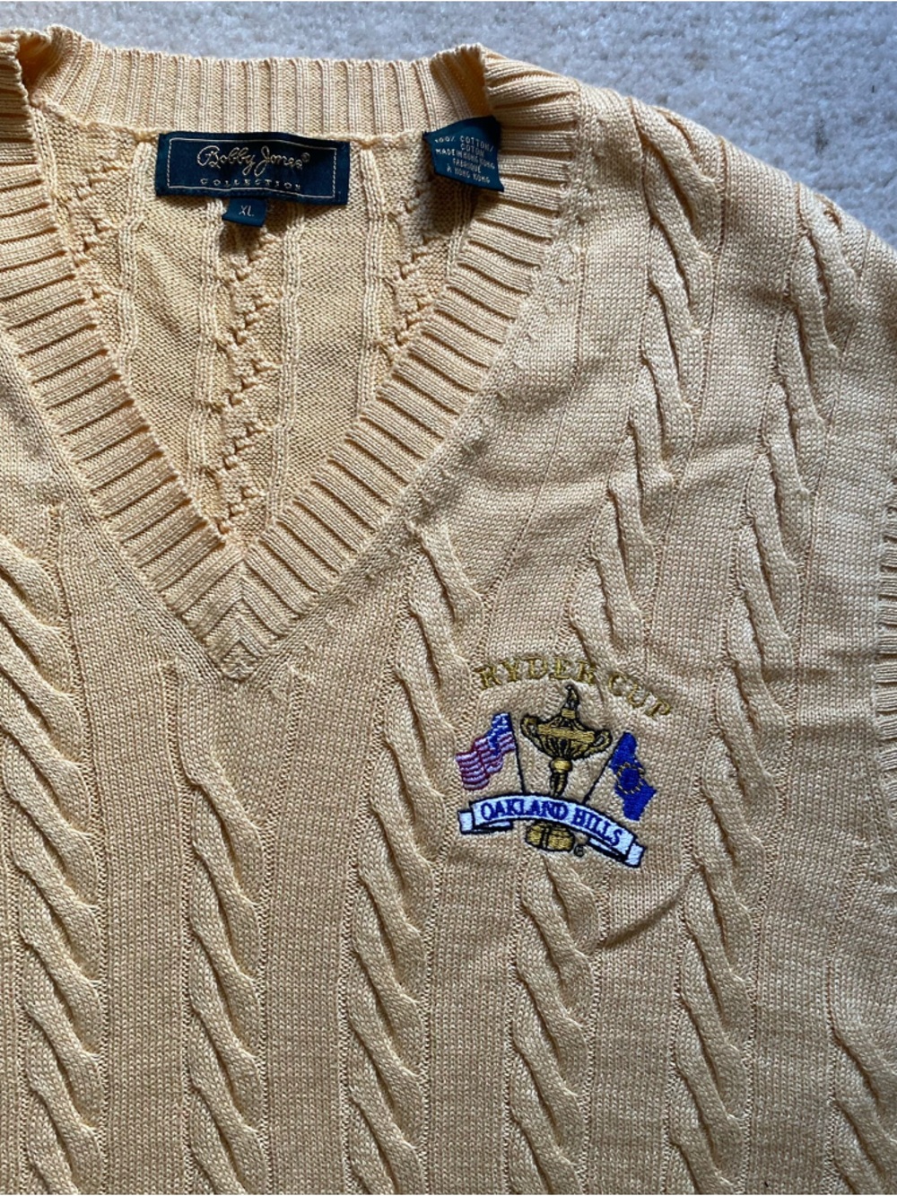 Bobby Jones Knit V-neck Vest Ryder Cup Oakland Hills Yellow Size XL Cable Knit